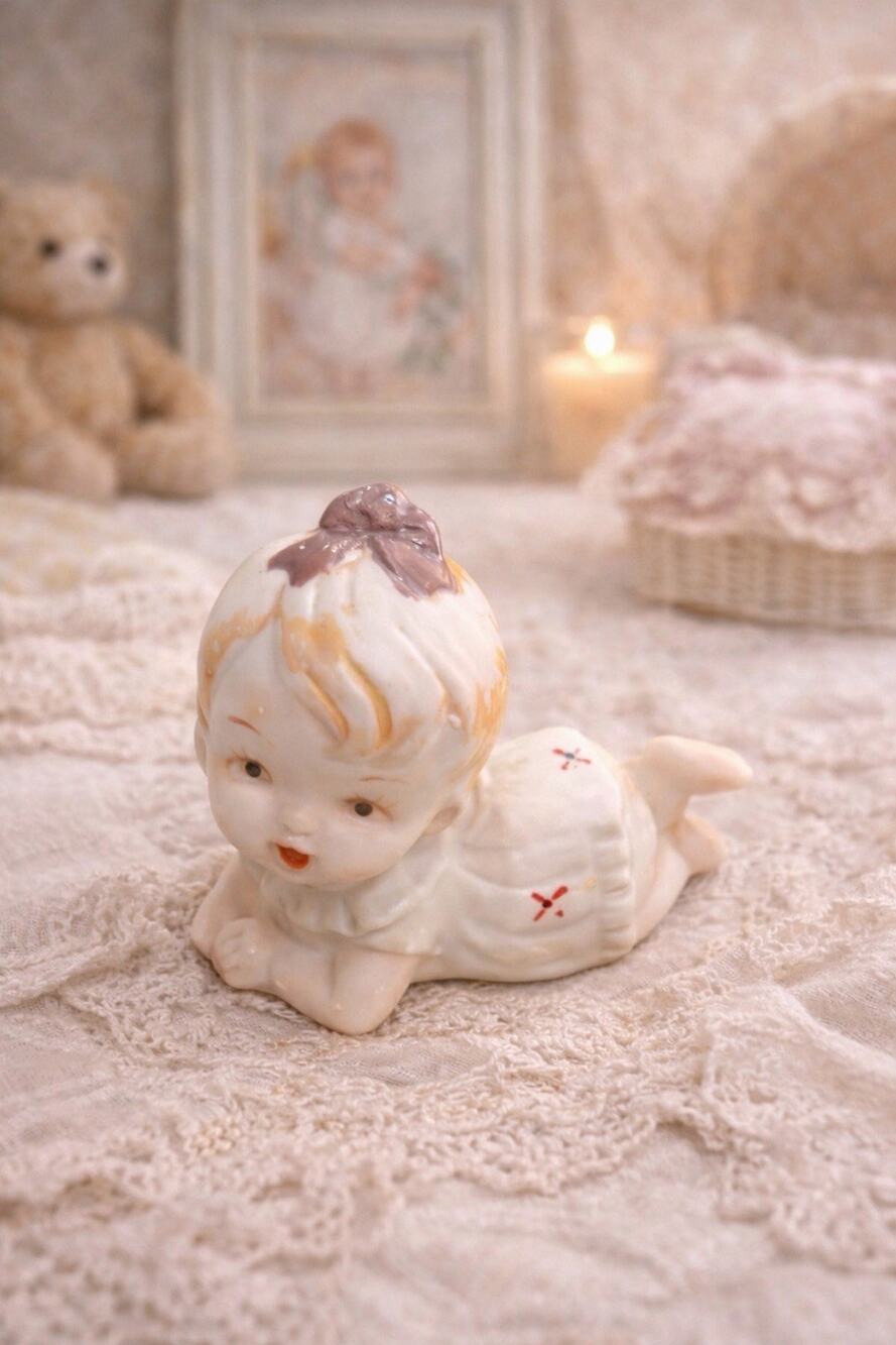 Vintage Bisque Crawling Baby Figurine Mid Century Nursery Decor